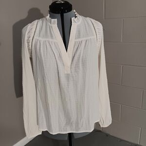 Loft Womens Cutout Sheer V Neck Long Sleeve Tunic Blouse White Size Small NEW